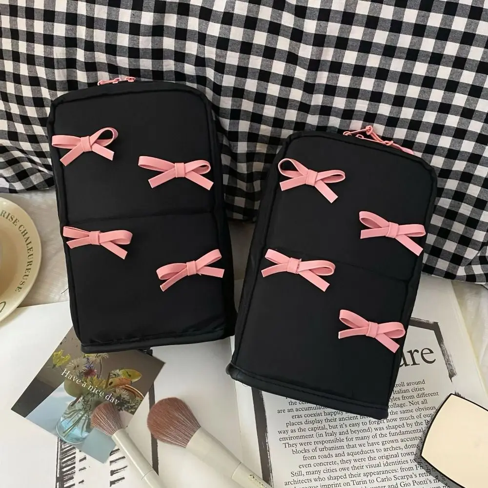 

Pink Bowknot Nylon Vertical Makeup Bag Pencil Case Partitioned Bow Cosmetic Bag Multifunctional Waterproof Skincare Storage Bag