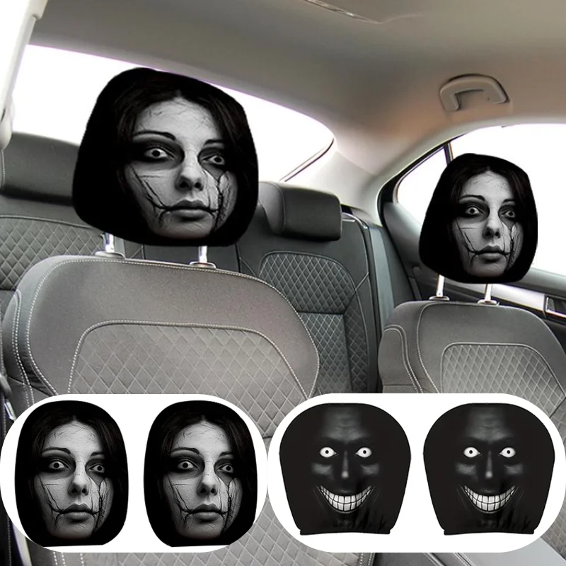 Capas Elásticas para Apoio de Cabeça com Estampa de Retrato Misterioso Universal, 2/4 Peças, Capas de Apoio de Cabeça de Carro com Rosto Assustador, Acessórios Automotivos Estilo Halloween