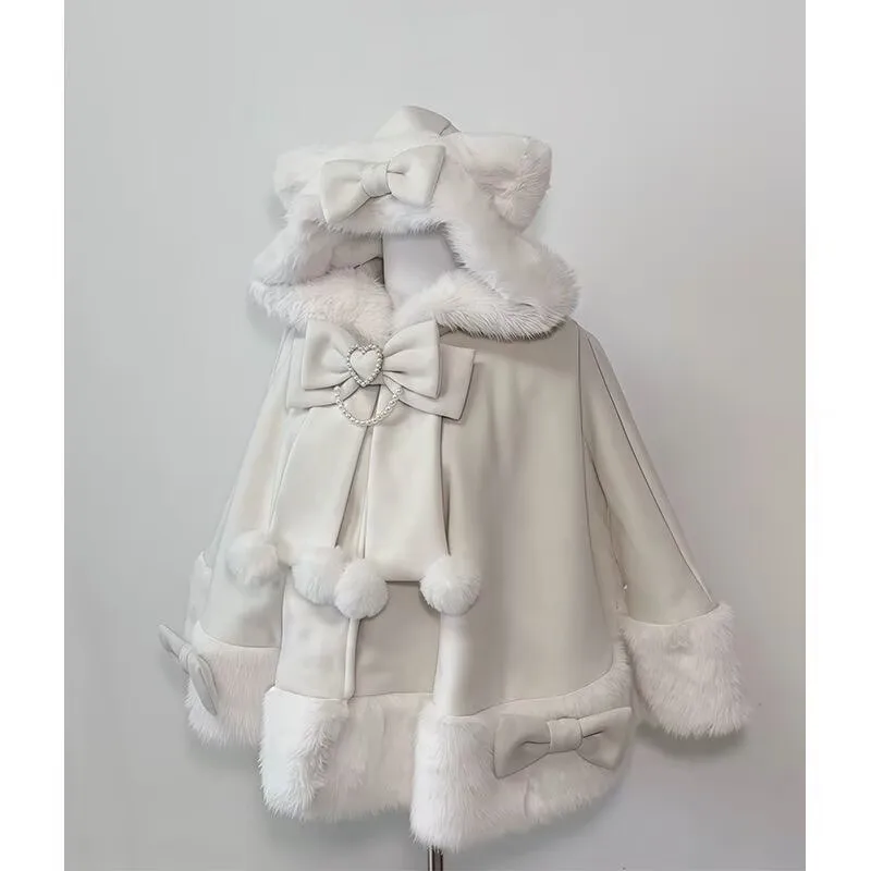 Japanse Lolita Zoete Kat Oren Capuchon Mantel Jassen Vrouwen Y2k Esthetische Harige Patchwork Jas Harajuku Zoete Boog Losse Jas