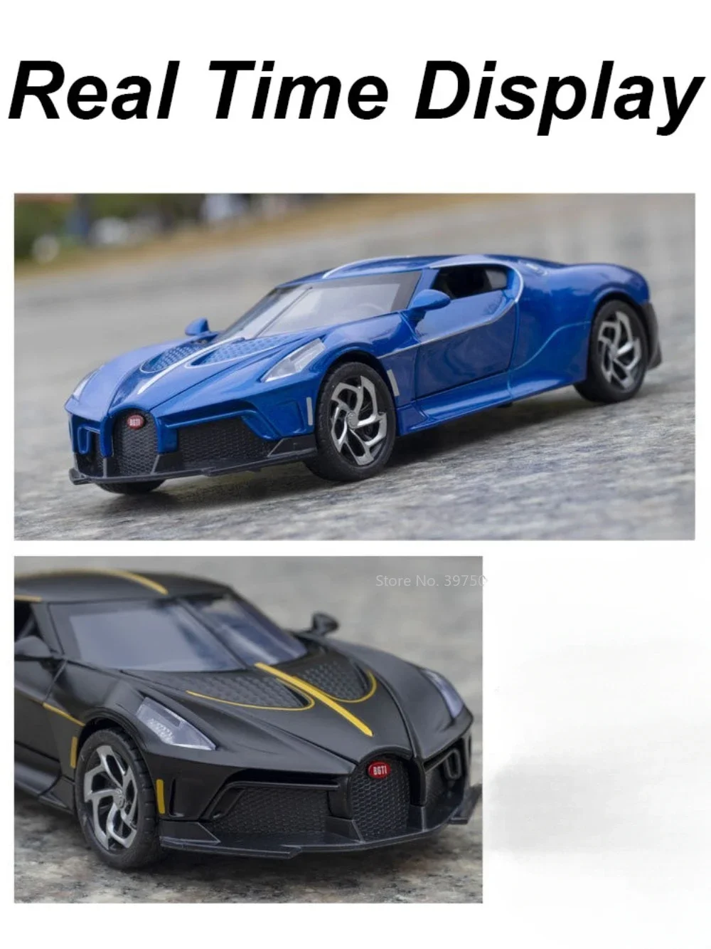 1:24 Bugatti La Voiture Noire Spielzeugauto-Miniaturmodell mit Sound-Licht, zurückziehbar, 4 Türen, geöffnete Fahrzeugmodelle, Kindertagsgeschenk