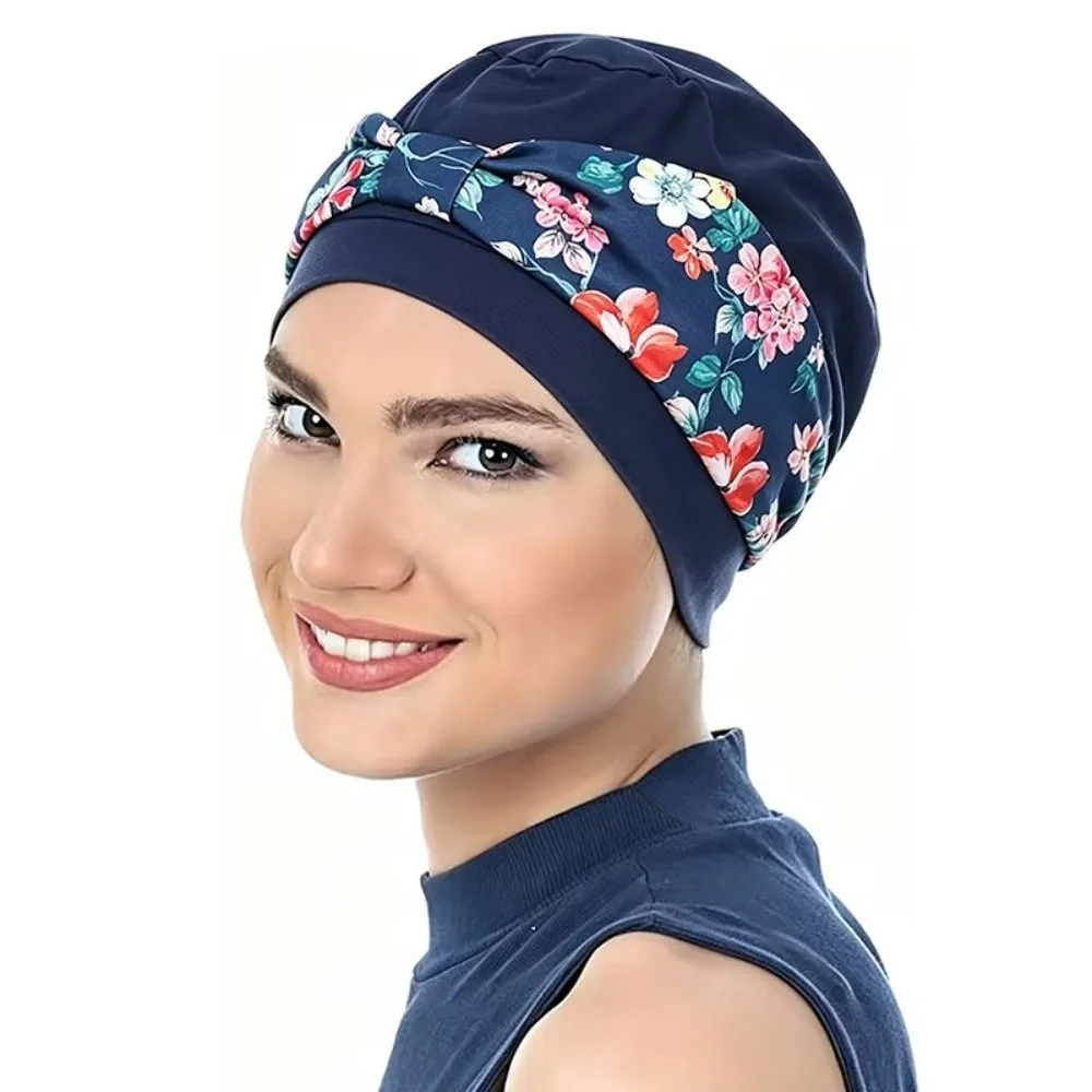 Soft Elastic Pre-Tied Turban Hat Floral Print Pre-Tied Bow Head Wrap Beanie Solid Base Stretchy Fabric Hair Protection Head Wrap