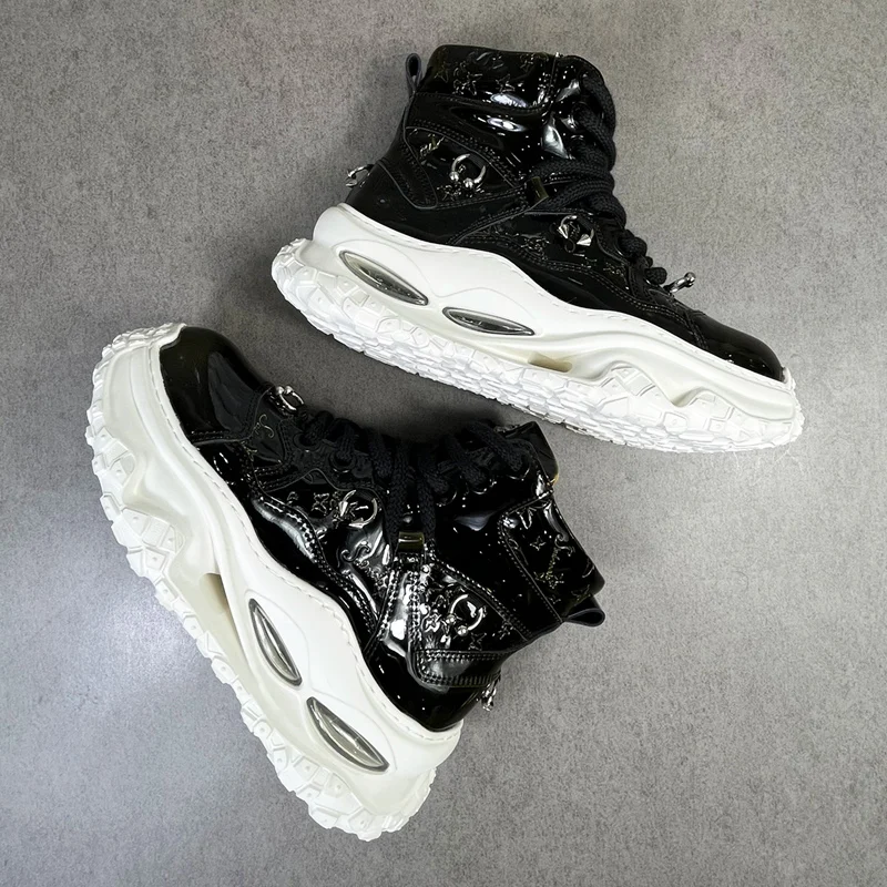 

Men's Shoes with Thick Soles and Air Cushions, High-Top Casual Boots, Outdoor Genuine Leather Sports Trendy Shoes, Studded Dark Punk Biker Boots