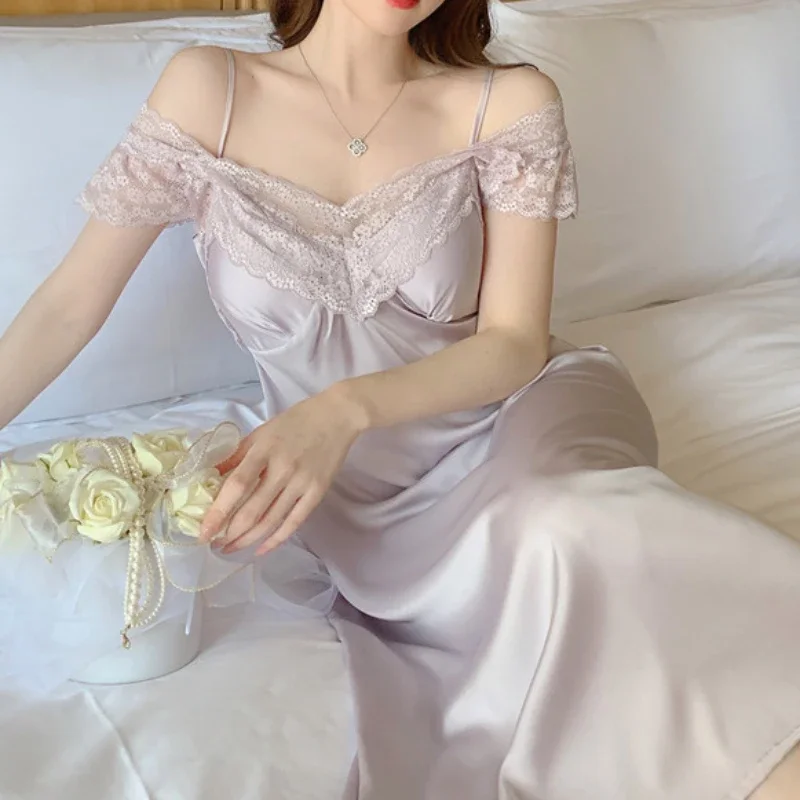 

Fairy Ice Silk Full Sleeve Night Dress Summer Solid Color Lace Long Nightdress Princess Sleepwear Women Satin V Neck Nightgown