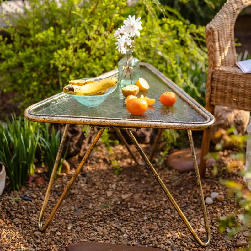 Golden Iron Art Glass Small Tea Table Retro Do Old Garden Table Courtyard Web Celebrity Balcony Leisure Table Furniture