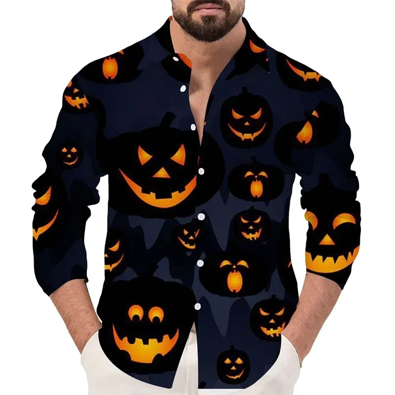 

2025 New Fashion Halloween Style Pumpkin Pattern 3D Printing Men's Long Sleeve Shirt Autumn Loose Breathable Lapel Button Shirts