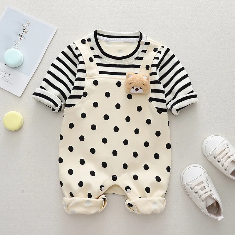 Somenie Baby Fake Two-Piece Romper for Spring and Autumn Boys a Girls Cute Polka Dot Long-Sleeve Onesies for  Outdoor Clothing