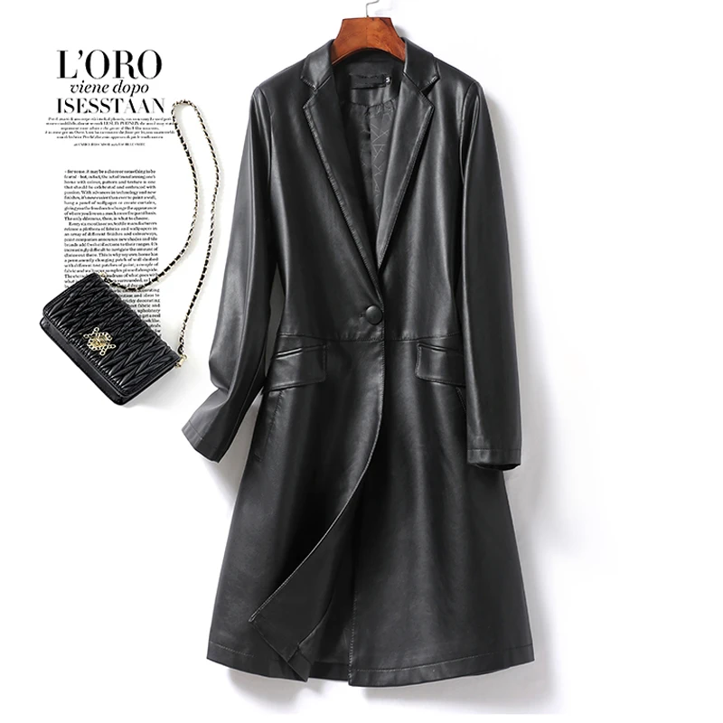 Gabardina de piel de oveja para mujer, prendas de vestir de cuero de longitud media, chaqueta con cuello de un solo botón, gabardina de cuero dividida para otoño e invierno 2024