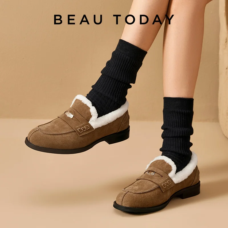 BEAUTODAY Penny Loafers Women Cow Suede Sewing Lamb Wool Lining Warm Fluffy Flats Female Winter Shoes  Handmade 27855