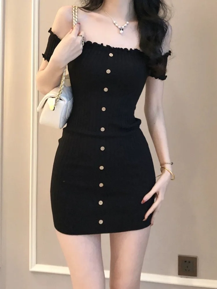 Woman Dress for Women 2024 Vestidos De Mujer Fashion Slash Neck Tunic Robe Femme Ruffles Bodycon Knitted Button Summer Dresses