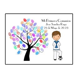 Custom Theme Name Date Kids and Football Fingerprint DIY Tree Leaf Painting For Kids First Holy Communion Souvenir (No Frame)