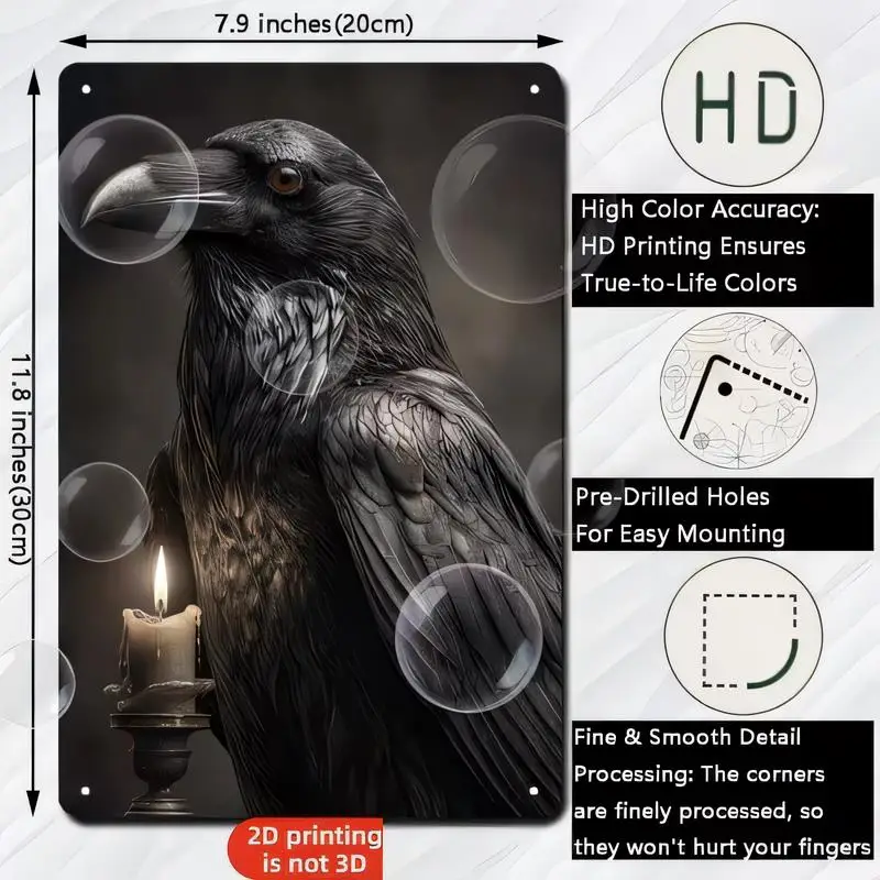 HD Printed Pre - Drilled 20x30cm Raven & Candle Metal Tin Sign, 2D Art Smooth Corners, Dark Style for Home/Bar Decor (Iron, Goth