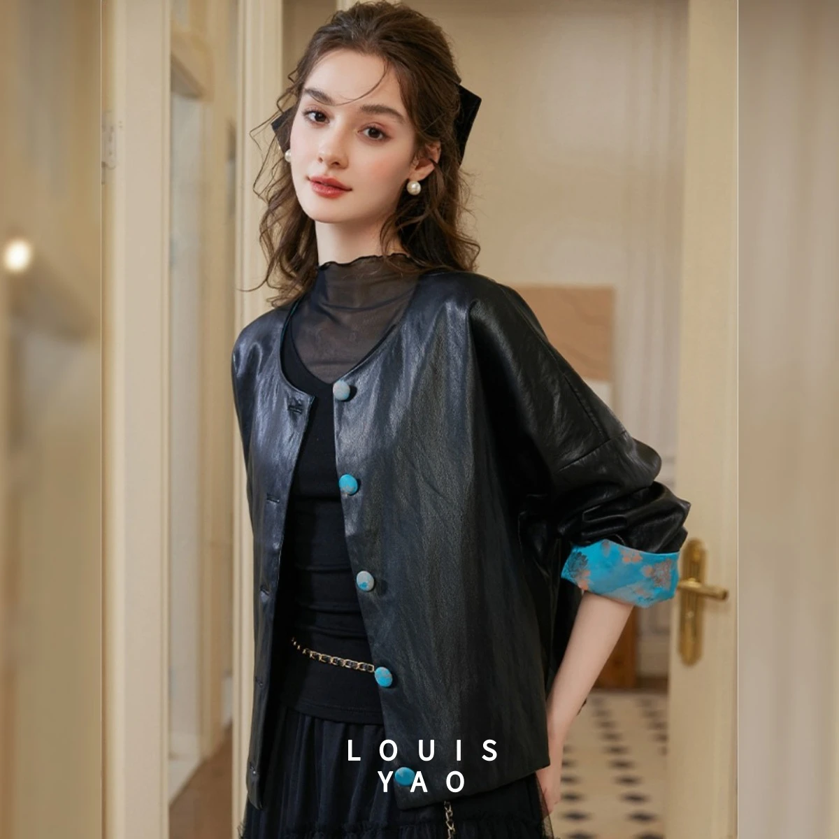 LOUISYAO Chinese Style Color Block Coat Women 2026 Spring Faux Leather Single Breasted Round Neck Cuff Button Cardigan