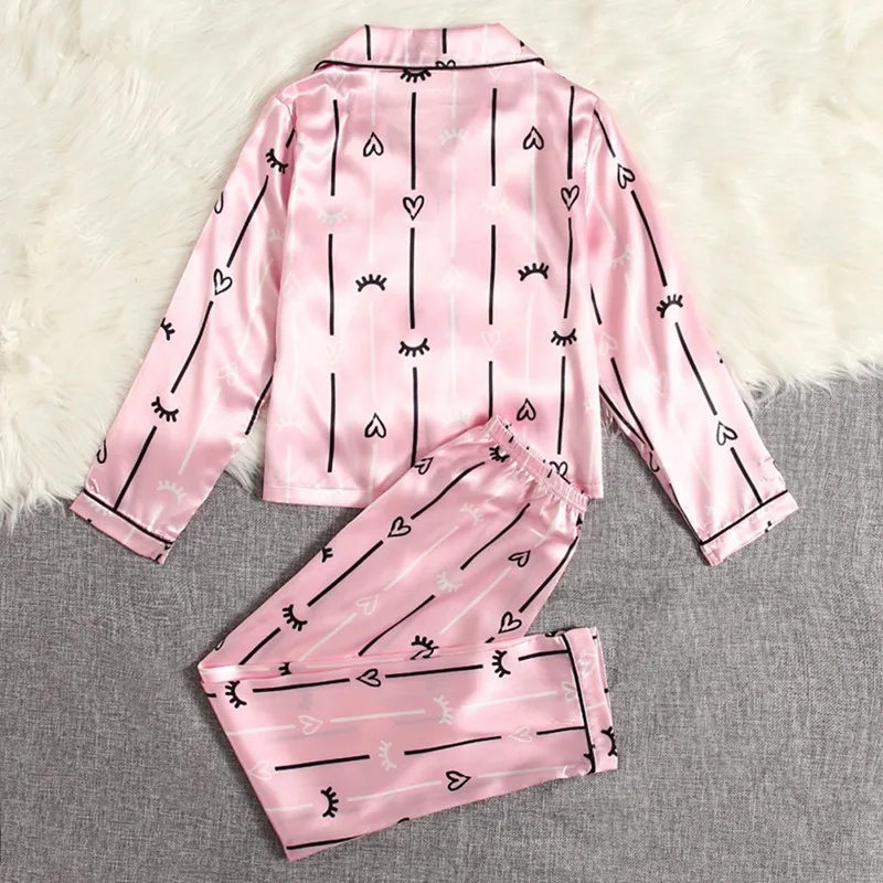 Spring Kids 2Pcs Sleepwear Solid Sweet Mock Silk Long Sleeve Two Piece Pajama with Valentine Heart Print Girls Pyjamas Nightwear