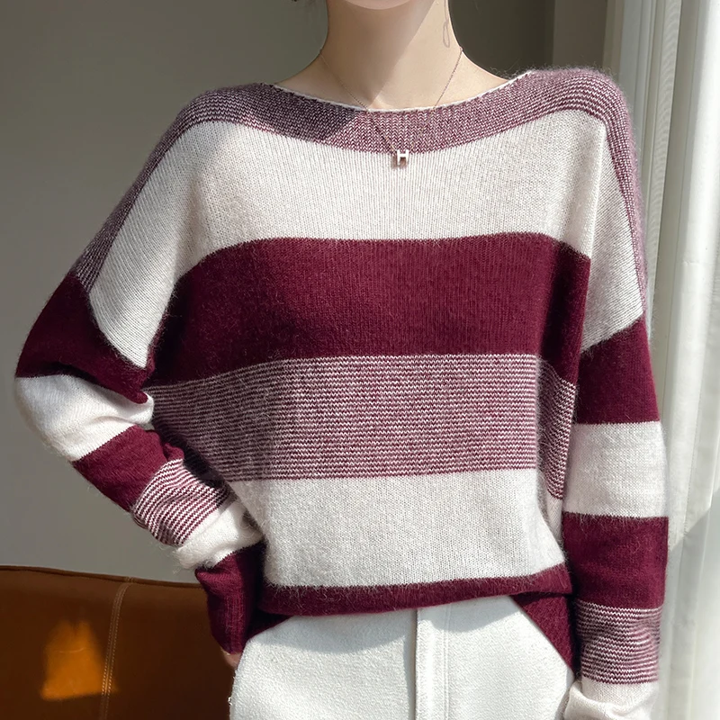 Korean Top Spring Autumn New 100% Merino Wool Sweater Women's Round Neck Knitted Pullover Fashion Striped Loose Large Size Shirt