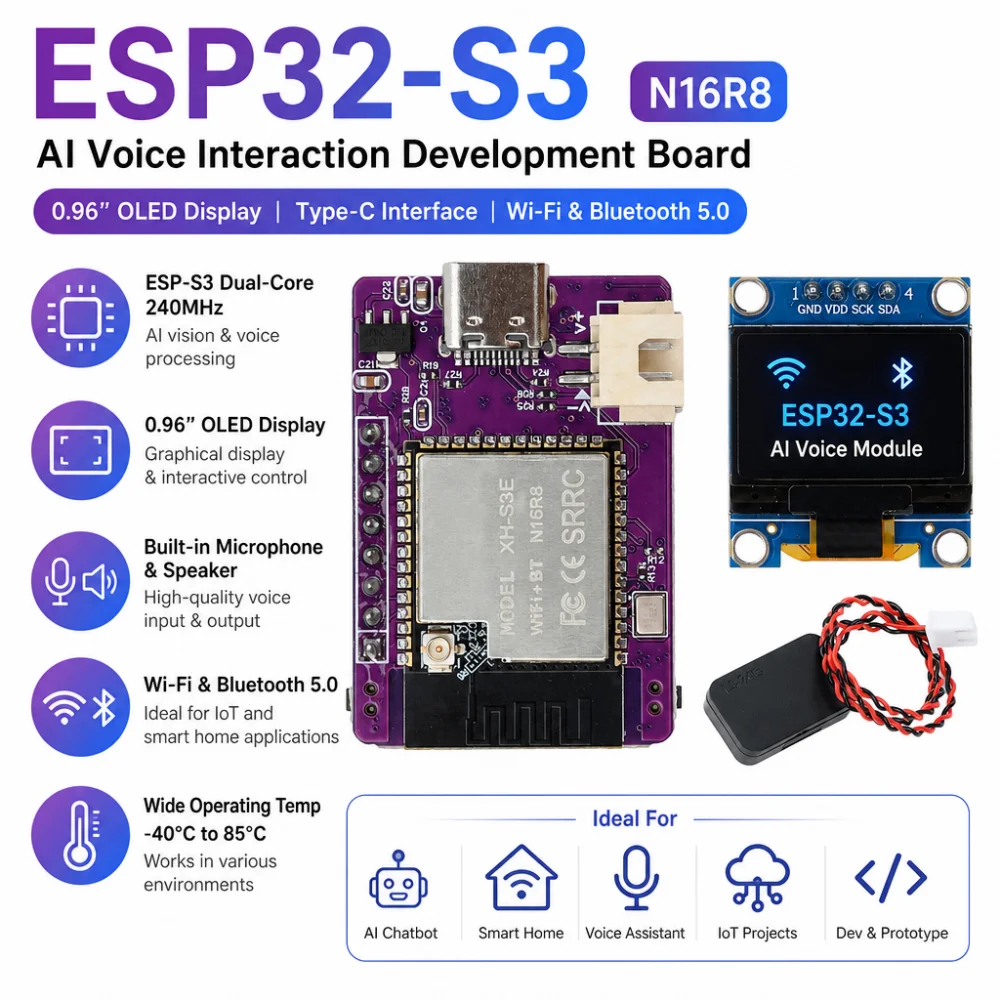 ESP32-S3-N16R8 0.96-inch OLED Display Development Board, XiaoZhi AI Voice Chatbot Module, Type-C Port