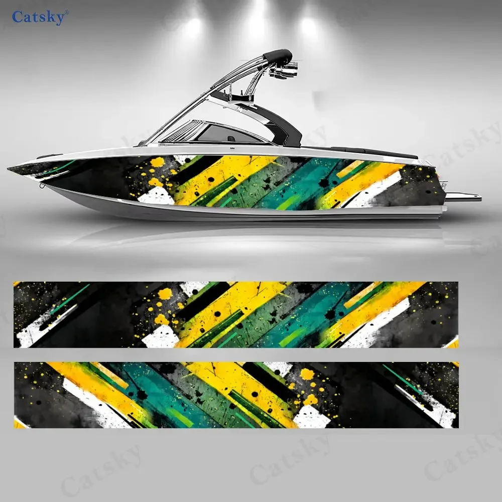 2Pcs Gold & Green Splash Stripes Boat Stickers, PVC Waterproof Vinyl Wrap Decals for Fishing Boats, Durable and Stylish Design