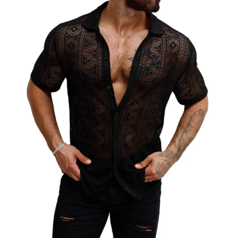 Sexy Lace Hollow Perspective Shirts for Men Summer Lightweight and Breathable Short Sleeved Shirt Social Nightclub Streetwear