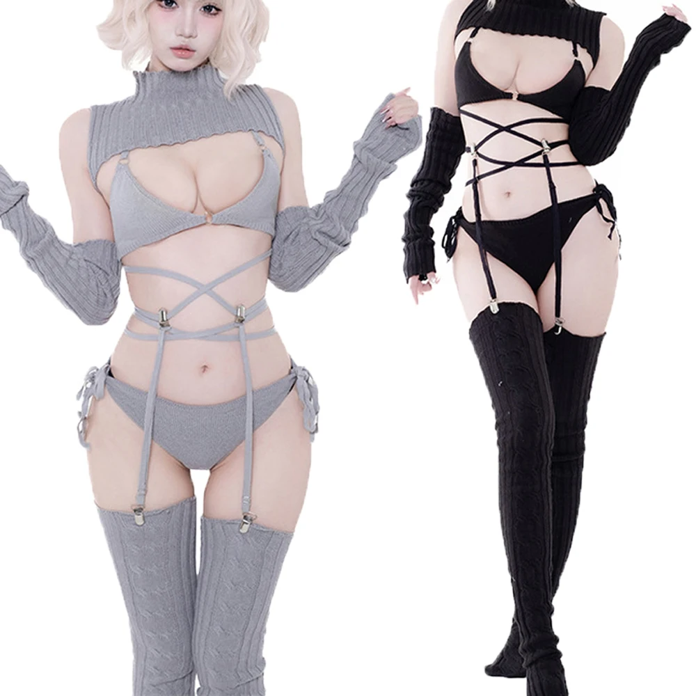 tenue-de-bikini-tricotee-japonaise-pour-femmes-dos-nu-uniforme-de-fete-cosplay-collants-t-back-pulls-cosplay-ensembles-de-jarretelles-a-col-roule