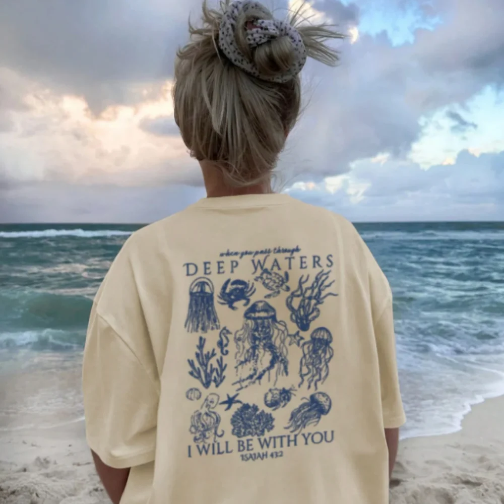 

Женская летняя футболка с короткими рукавами и принтом морской жизни, свободный и универсальный топ с круглым вырезом, повседневный модный наряд в отпускном стиле