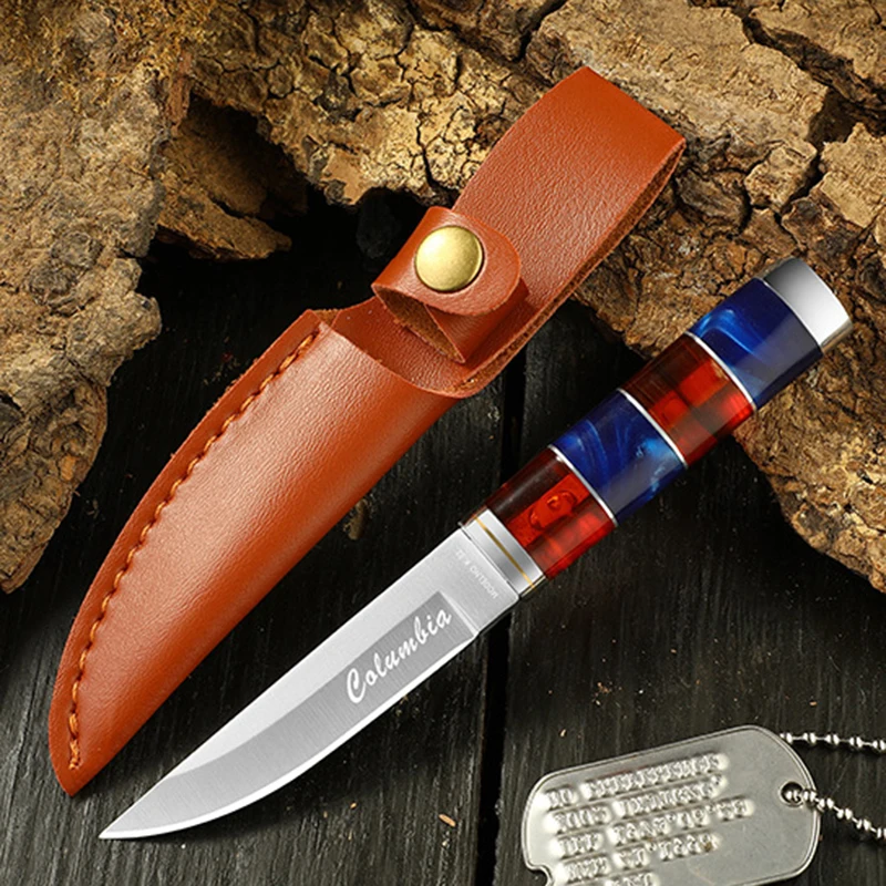 Resin Handle Sharp Stainless Steel Utility Small Straight Knife Outdoor Camping Cleaver Knife Fruit Knife Portable Fishing Knife