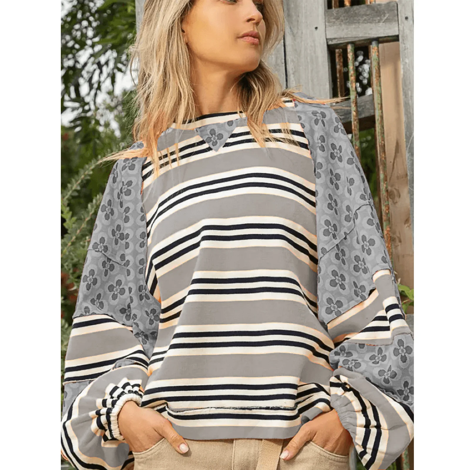 Flower Stripe Patchwork Chic Loose Autumn Sweatshirt Casual Versatile Women Tops Cotton Blend 2024 New