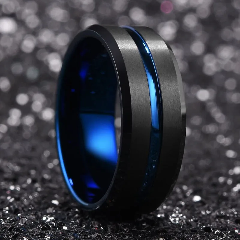 Moda 8mm masculino preto tungstênio anéis de banda de casamento preto sulco chanfrado borda anel de noivado para presentes dos namorados masculinos