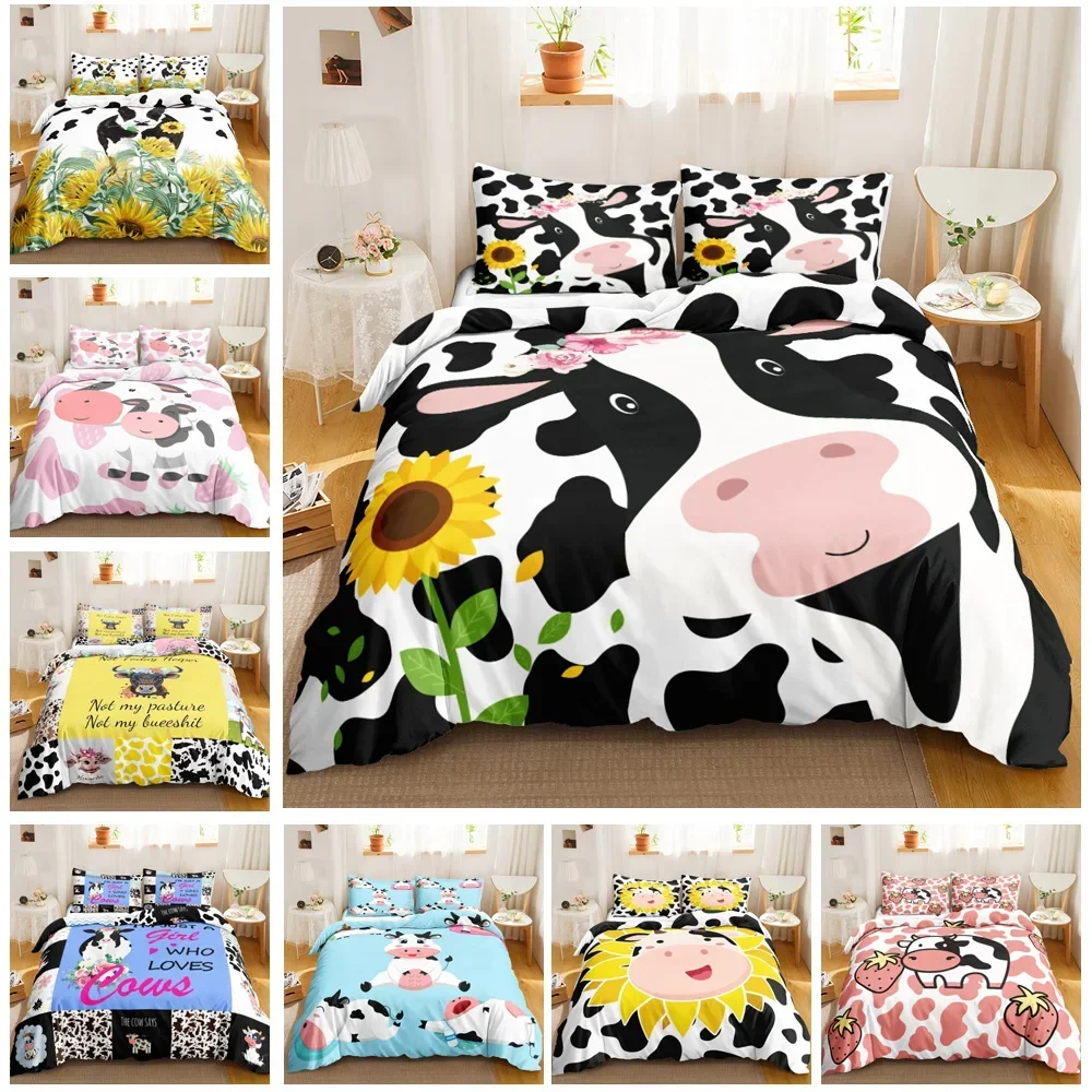 Cute Cow Print Duvet Cover Queen Kawaii Highland Cow Bedding Set King Comforter Cover Cartoon Farm Animals Polyester Duvet Cover