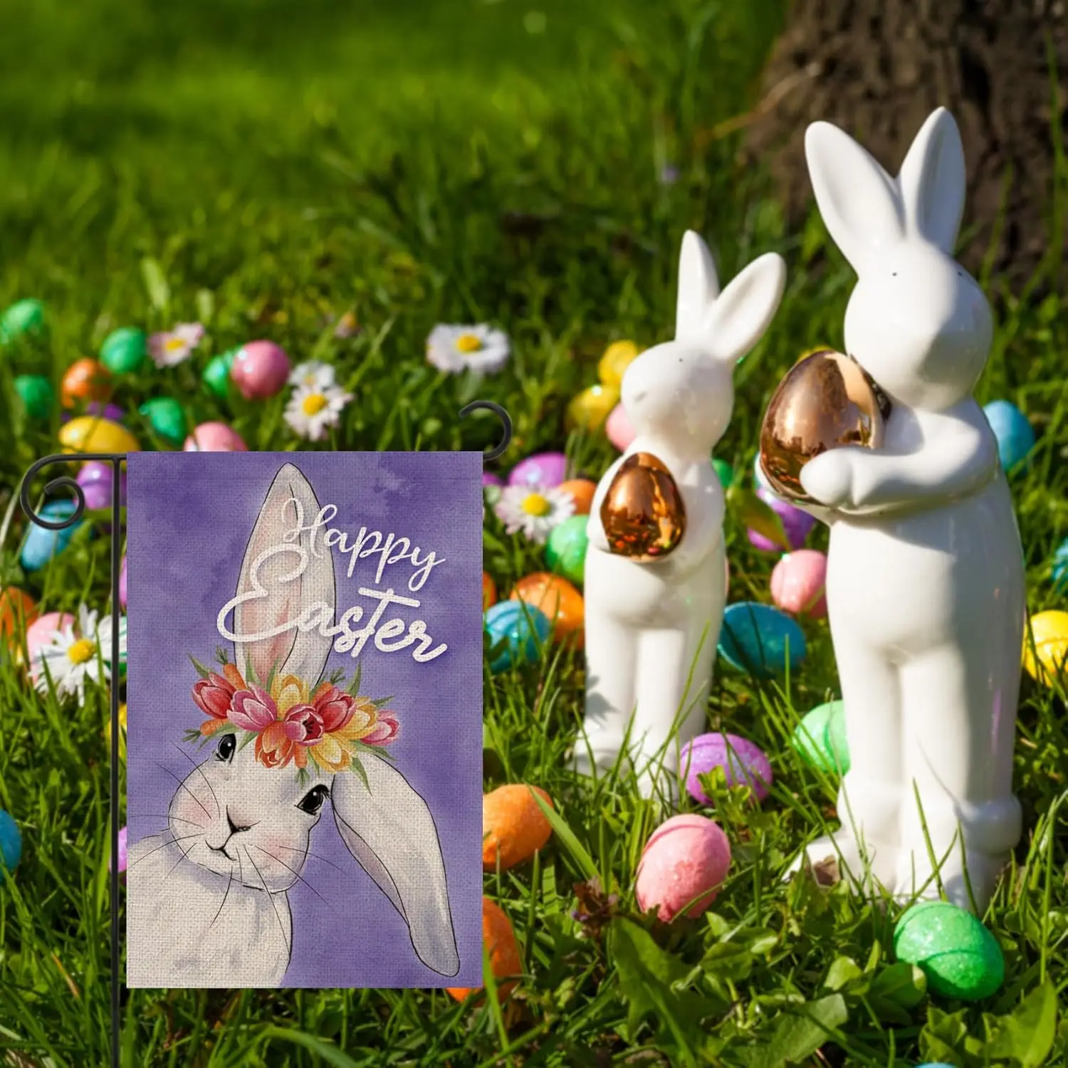 Texupday Happy Easter Floral Bunny Decoration Spring Double Sided Vertical Burlap Garden Flag Rustic Rabbit Flower Farmhouse ZZM