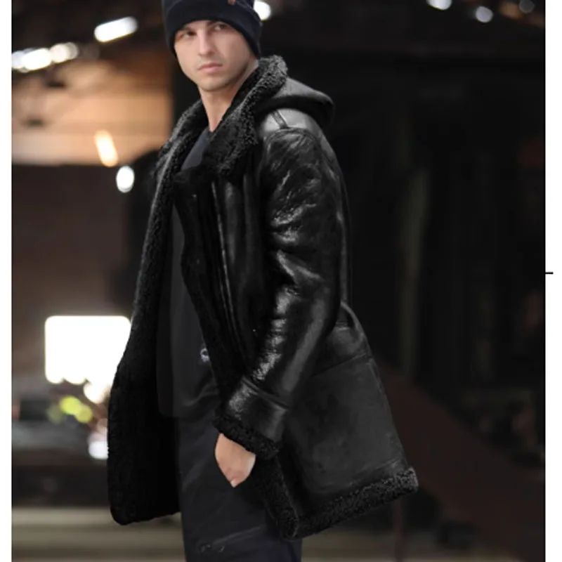 2024 New Winter Fashion Men's Coat Genuine Sheepskin Leather Wool Liner with a Hood Male Medium Long Brown Black Plus Size 6XL