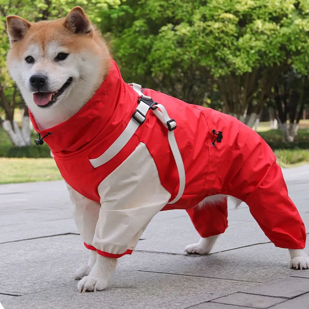 Waterproof Pet Dog Raincoat Four Legged Clothing with Hat Outdoor Dog Raincoat Reflective Stripe Breathable Dog Rain Jacket