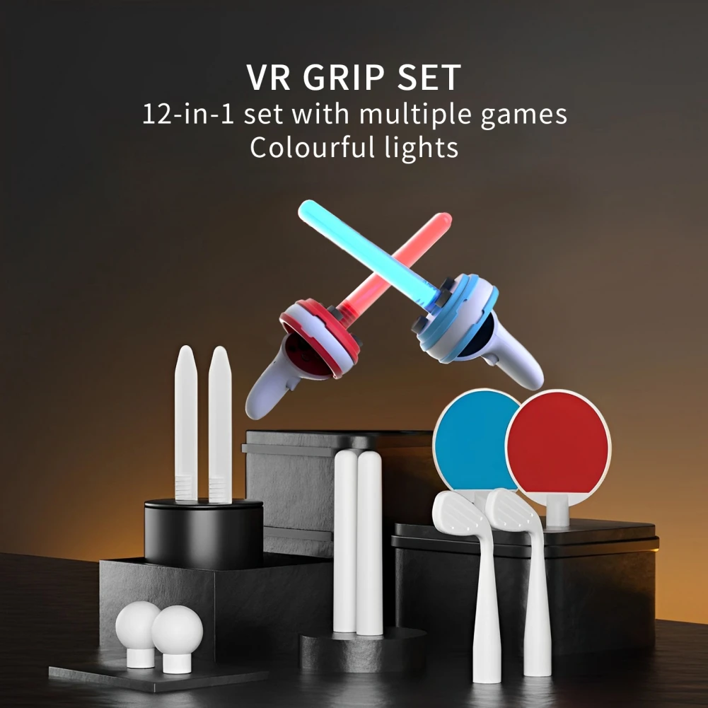 Body Sensing Lightsaber+VR Handle Grip Cover+Table Tennis Rackets+Golf Clubs, 12 IN 1 Game Accessories Kit for Oculus Quest 2