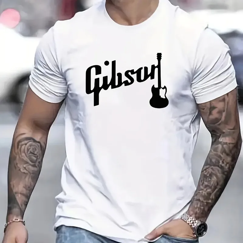 Men's Summer 100% Cotton Fashionable Casual Loose Large Gibson Guitar Printed Sports Round Neck Short Sleeve T-shirt Top