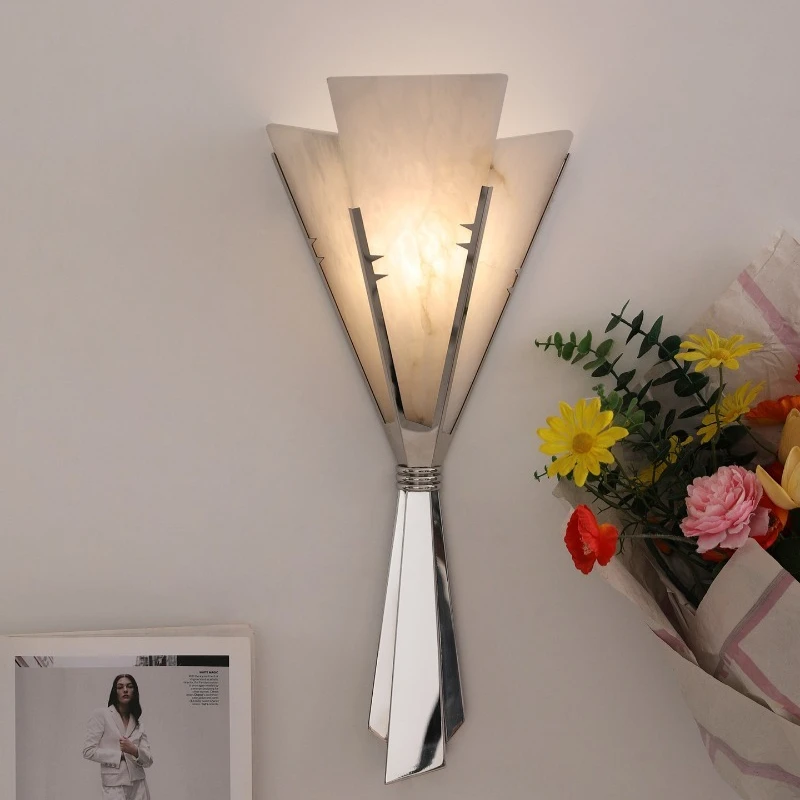 Middle Spanish Marble Wall Lamp Steel Flower Shaped Bedroom Corridor Living Room Study Vintage Luxury LED Home Decoration Sconce