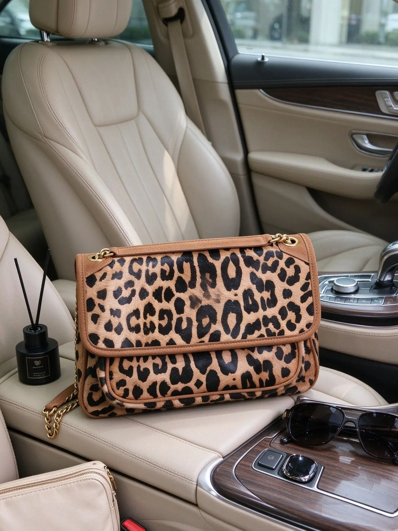Unisex Vintage Leopard Pattern Furry Envelope Purse Metal Chain Strap V-Cut Flap Daily Casual Shoulder Handbag