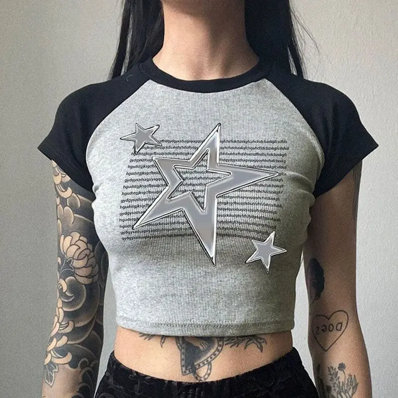 

Harajuku retro star print short-sleeved off-the- women's T-shirt hip-hop punk contrasting casual doublet