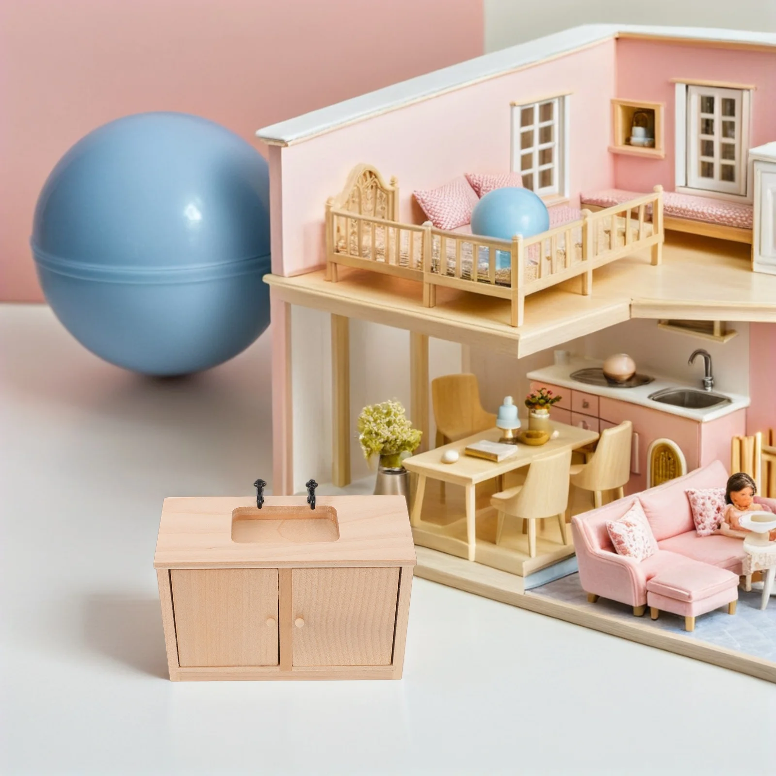 Mini móveis de banheiro em escala 1:12, pia de madeira, simulação de lavatório, acessório de casa de bonecas, adereço de cena de banheiro em miniatura