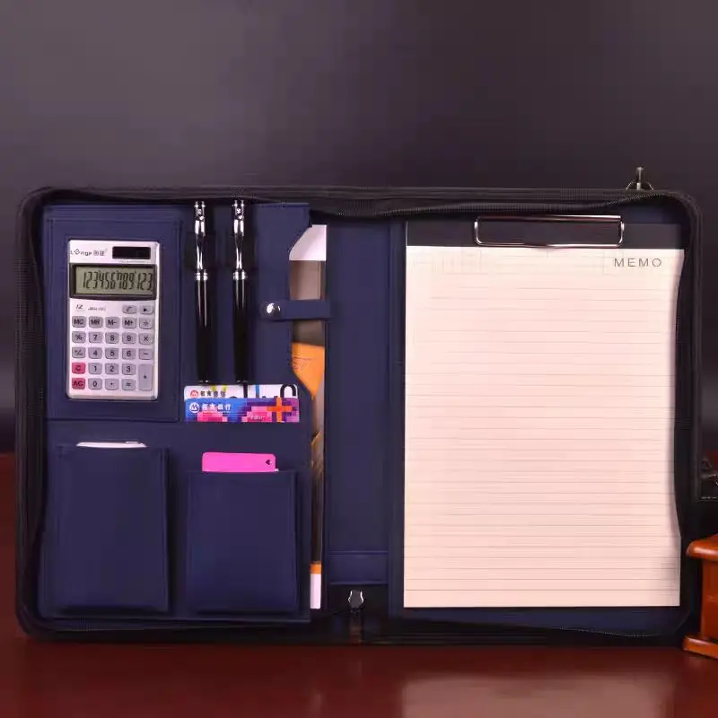 

A4 Portable File Folder with Calculator Binder Organizer Manager Office Document Pad Briefcase PU Leather Padfolio Bag Customize