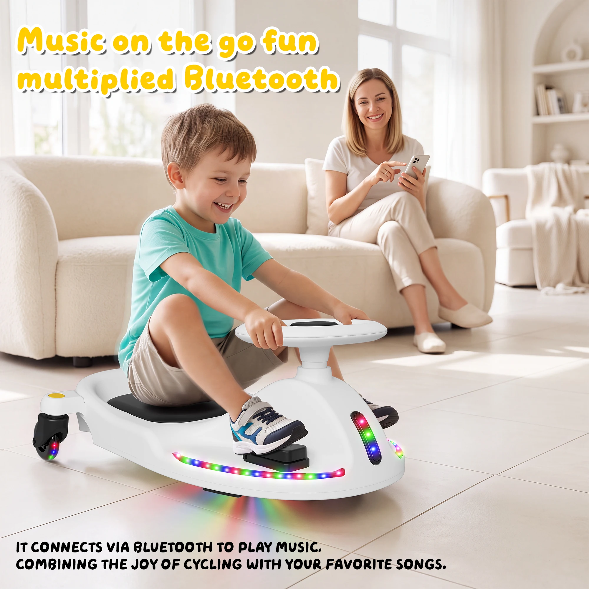 18V Electric Wiggle Car, Gift Toy for Kids Ages 5+,  Anti-Rollover, Kids Car with Bluetooth, Flashing Wheels, Led Display Screen, 2 in 1 Riding Modes