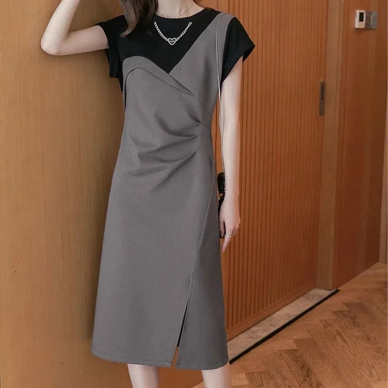 Splicing Dress Female 2024 Summer New Pattern Color Collision Short Sleeve Office Lady Knee Skirts Korean Women's Clothing