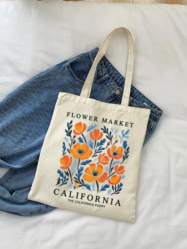 Flowers Market Pattern Canvas Tote Bag Single Shoulder Backpack Casual Shopping Bag Global Handbag for Students Leisure Travel
