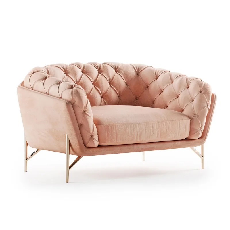 American light luxury buckle straight-row sofa, retro living room hotel lobby fabric sofa simple single home furniture