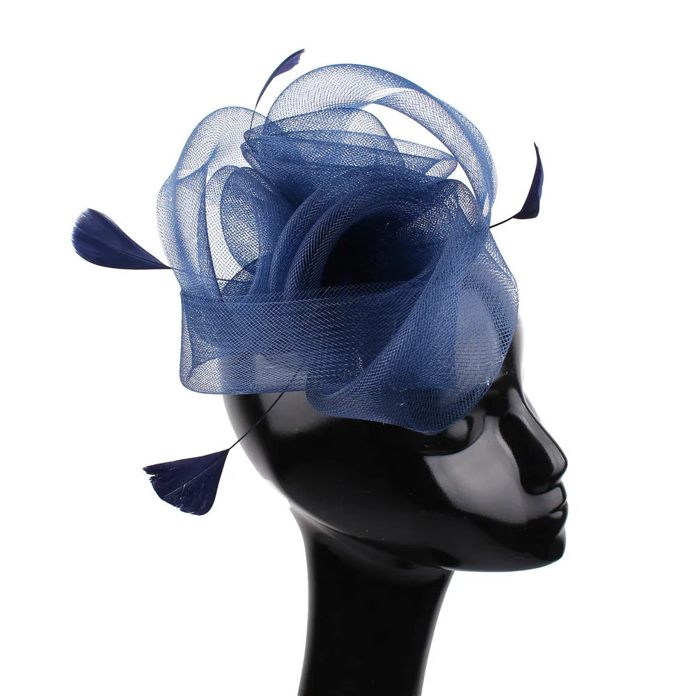 Navy Mesh Vrouwen Hoofddeksels Elegante Dames Chique Fascinator Haaraccessoires Mode Bloem Handgemaakte Hoofdtooi Haarclip Tule Hoed