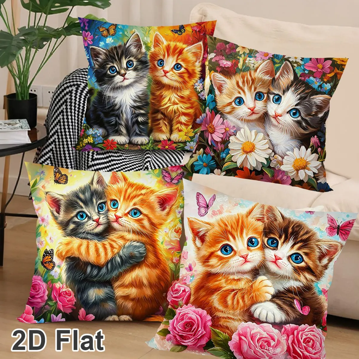 Cute Kitten Pillowcase 45x45cm Peach Skin Fabric Floral Butterfly Cushion Cover Home Decor Pet Lover Gift No Pillow Core