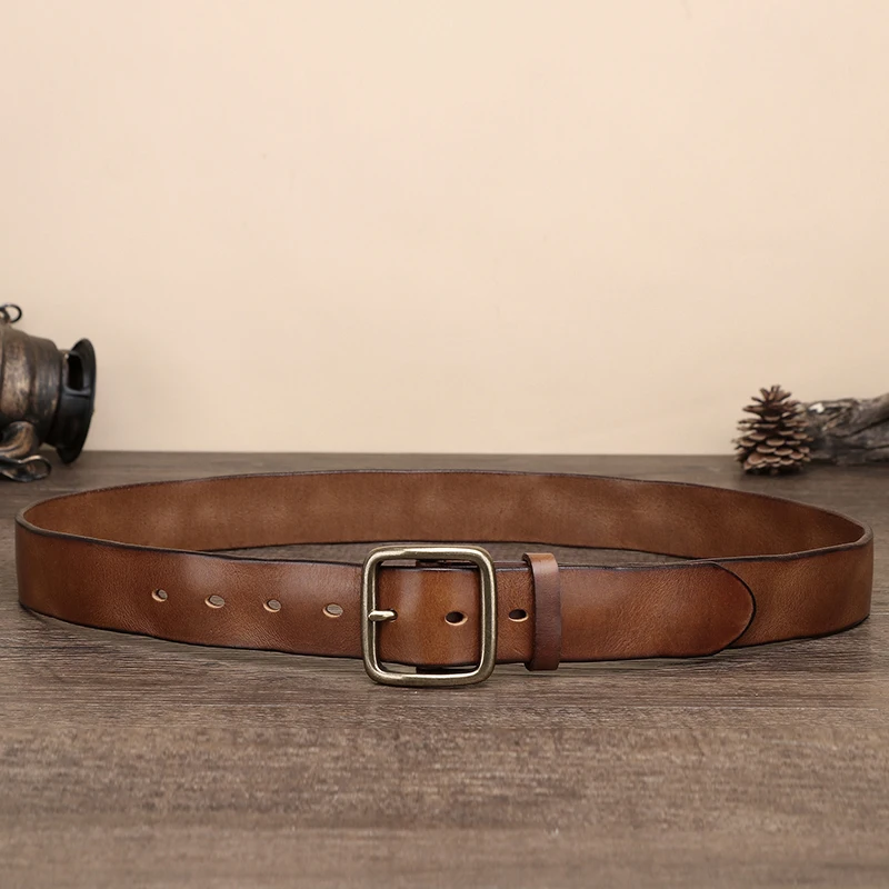 Vintage Luxury Handmade Leather Copper Buckle Man\'s Belt Cowhide Retro All-match Casual Jeans Soft Belts Lumbar  Man