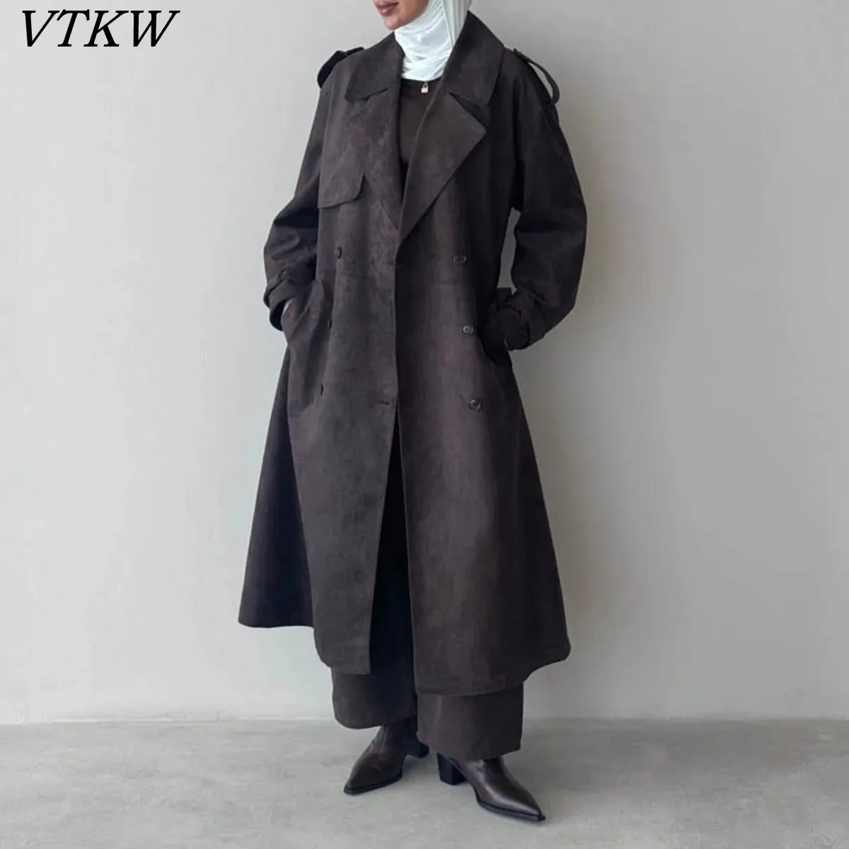 

VTKW 2025 Spring Women's Suede Long Trench Coat Lapel Double-breasted Elegant Loose Outerwear Fashion Casual Coat