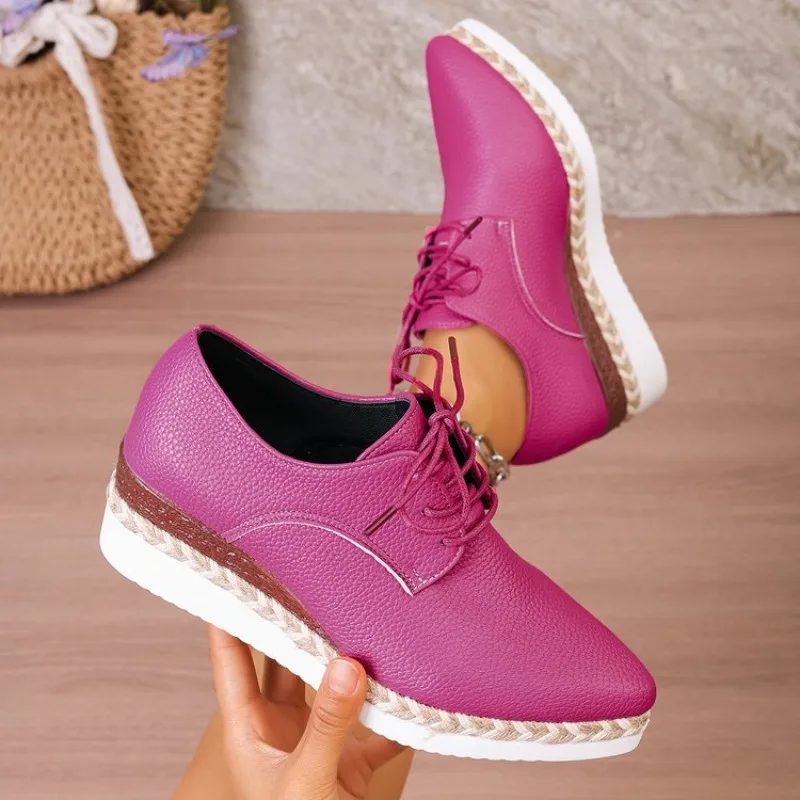 2026 Spring and Autumn New Women's Slope Heel Lace Up Single Shoes Fashionable Beautiful Comfortable Women's Casual Shoes