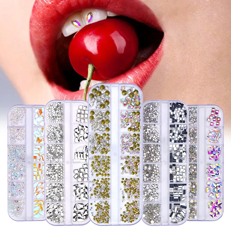 12 ızgara/kutu Diş Diş Mücevher Kristal Elmas Süs Diy Araçları Çeşitli Şekiller Renkli Diş Takı Protez Akrilik Diş Acc