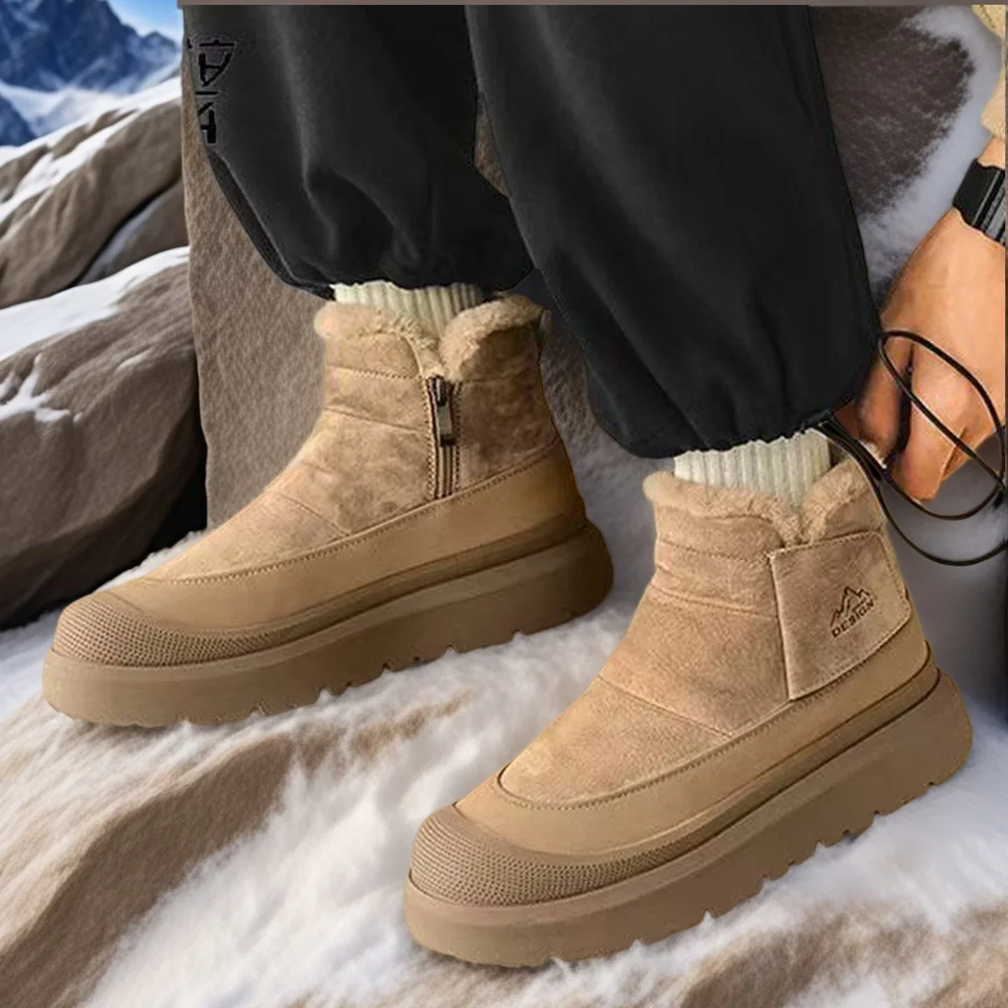 

Winter Men PlushOutdoor Cotton Boots for Fashion Handmade Casual Shoes Warm Snow Boots with Fur Waterproof Non-slip Ankle Boots