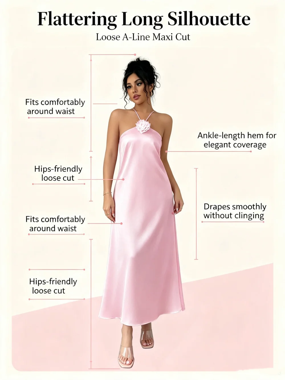 Damen 3D-Blumen Neckholder Rückenfreies Satin-Maxikleid Elegantes Rosa Slip-Kleid Langes Kleid für Hochzeitsgäste Abendparty Urlaub Midi-Kleid – Detail 5