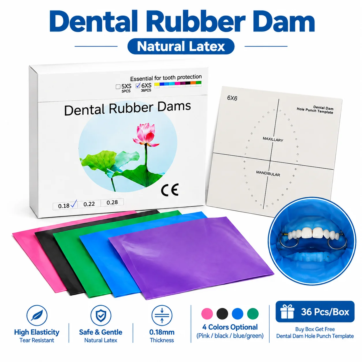 Dental Rubber Dam Sheet Natural Latex Anti-allergy Non-sterile 36Pcs 6x6 With Hole Punch Template Endodontic Oral Care Supplies